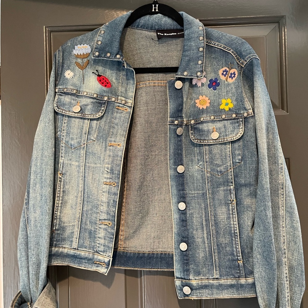 The Kooples Light Blue Denim Jacket with Colorful Embroidery